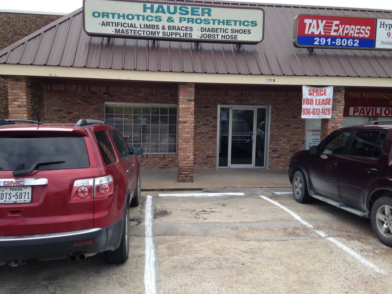 Tax Express office storefront in Huntsville, TX, with signage for income tax preparation and payroll services